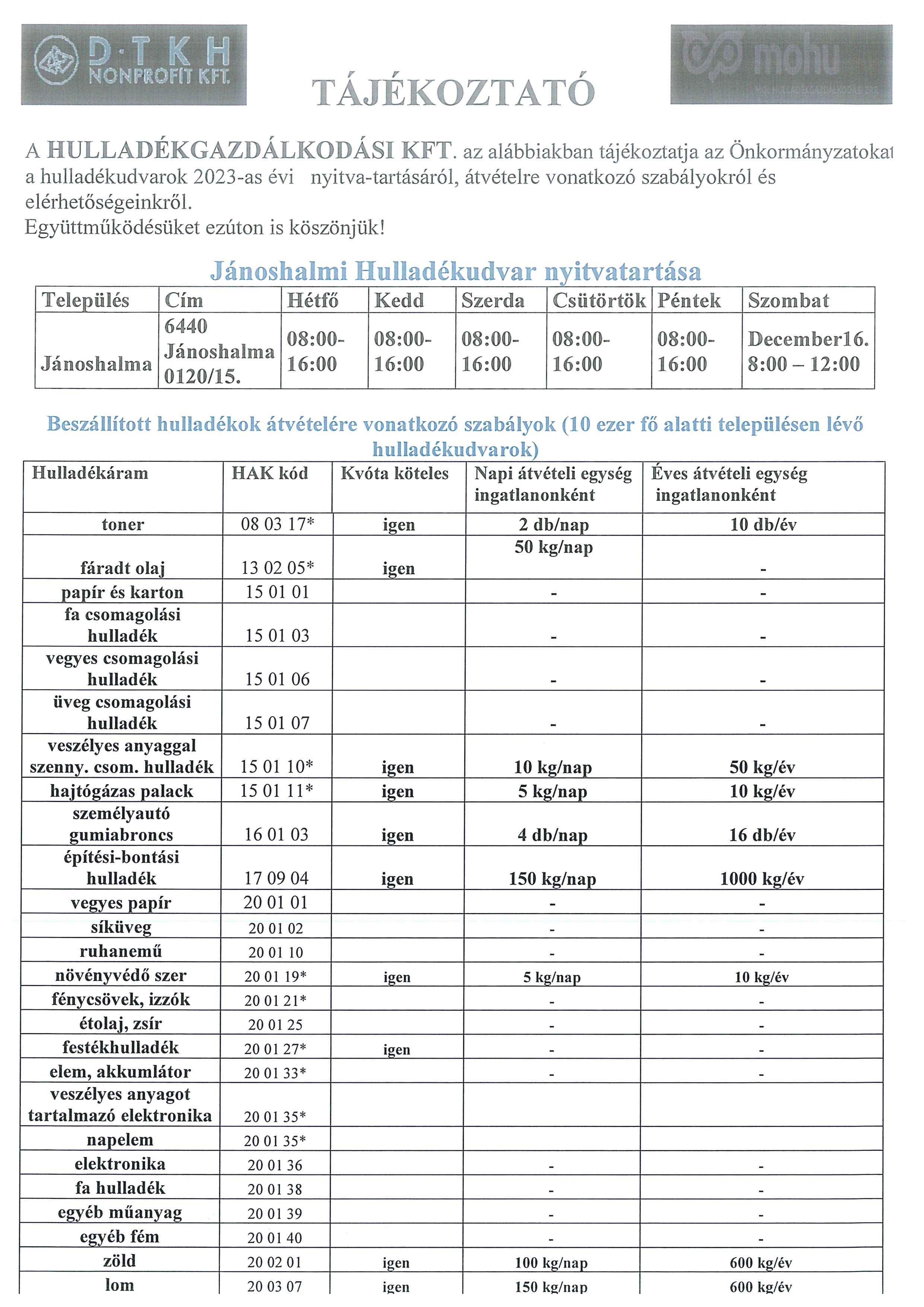 Hulladékgazdálkodási Kft tájékoztató
